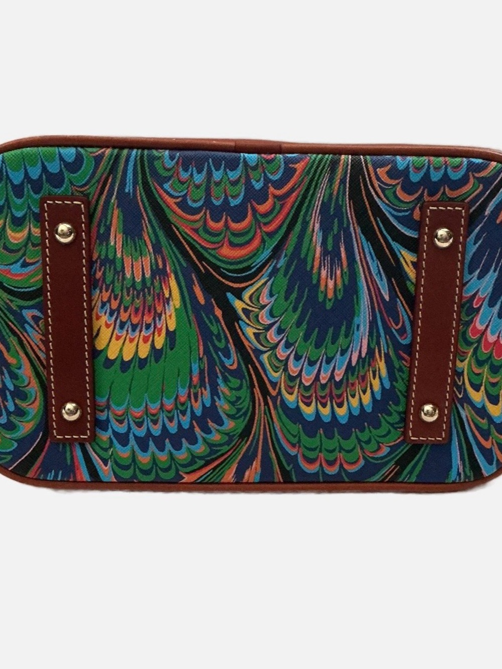 Dooney & Bourke Multicolor Peacock-Print Satchel with Brown Leather Trim - Picture 3 of 8